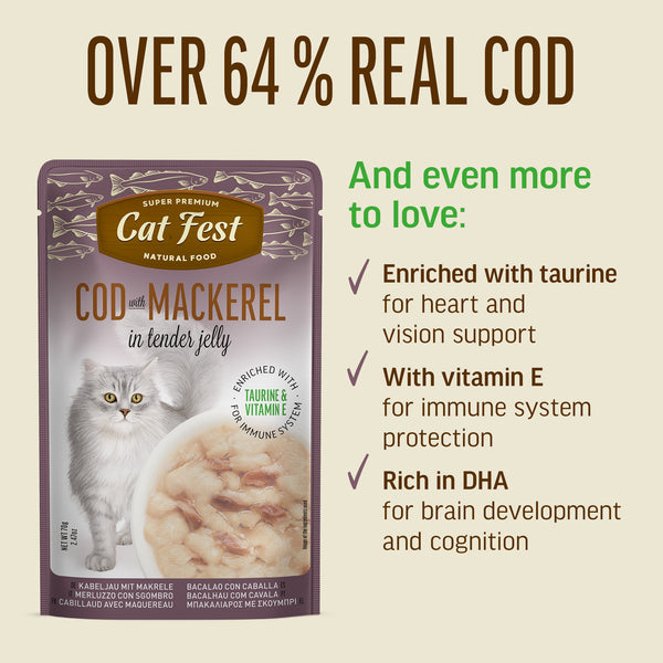 Cod with Mackerel In Tender Jelly - Cat Wet Food - Set Of 12x70g