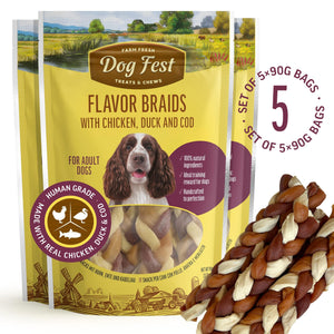 Flavor Braids With Duck, Chicken and Cod - Dog Treats - Set Of 5x90g - Pet Fest
