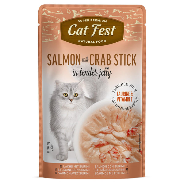 Salmon Wtih Crab Stick In Tender Jelly - Cat Wet Food - Set Of 12x70g - Pet Fest
