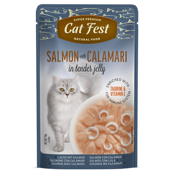 Salmon Wtih Calamari In Tender Jelly - Cat Wet Food - Set Of 12x70g - Pet Fest