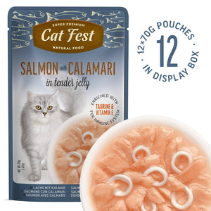 Salmon Wtih Calamari In Tender Jelly - Cat Wet Food - Set Of 12x70g - Pet Fest