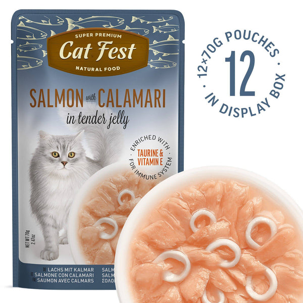 Salmon Wtih Calamari In Tender Jelly - Cat Wet Food - Set Of 12x70g - Pet Fest