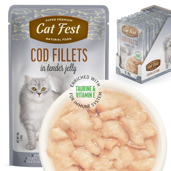 Cod Fillets In Tender Jelly - Cat Wet Food - Set Of 12x70g