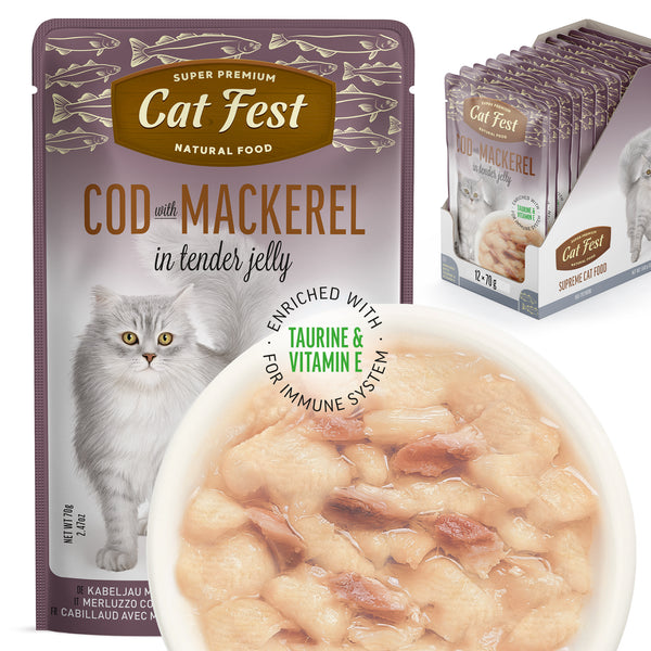 Cod with Mackerel In Tender Jelly - Cat Wet Food - Set Of 12x70g