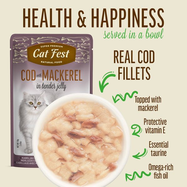 Cod with Mackerel In Tender Jelly - Cat Wet Food - Set Of 12x70g
