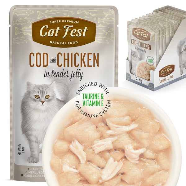 Cod with Chicken In Tender Jelly - Cat Wet Food - Set Of 12x70g
