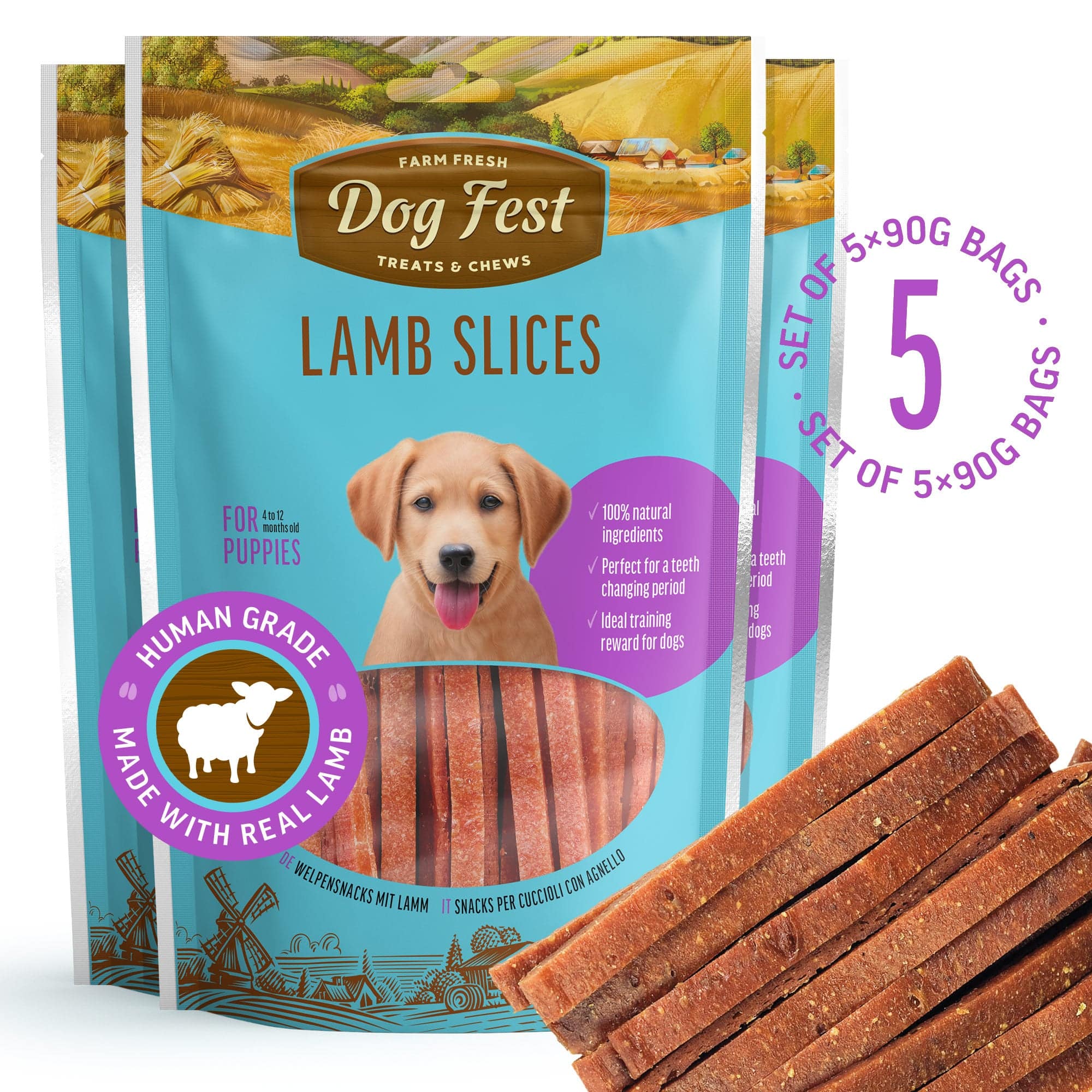 Lamb Slices Dog Treats For Puppies Set Of 5x90g Pet Fest